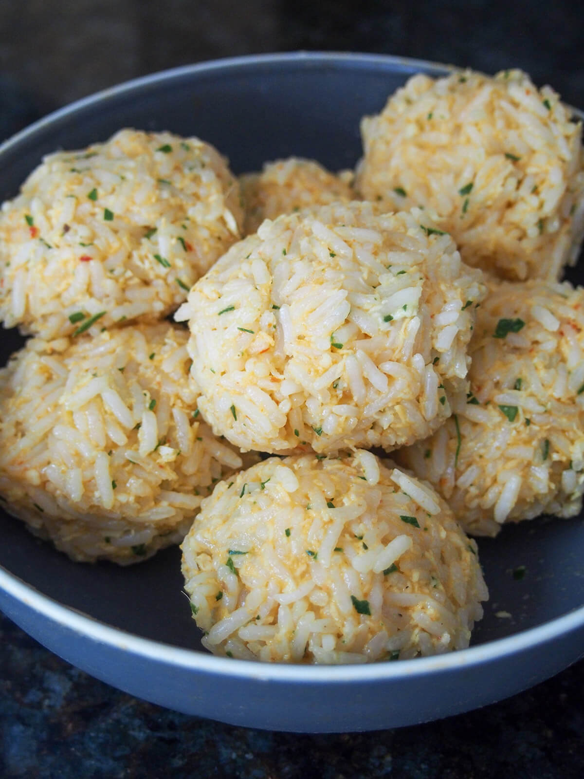 bowl of rice balls before frying them