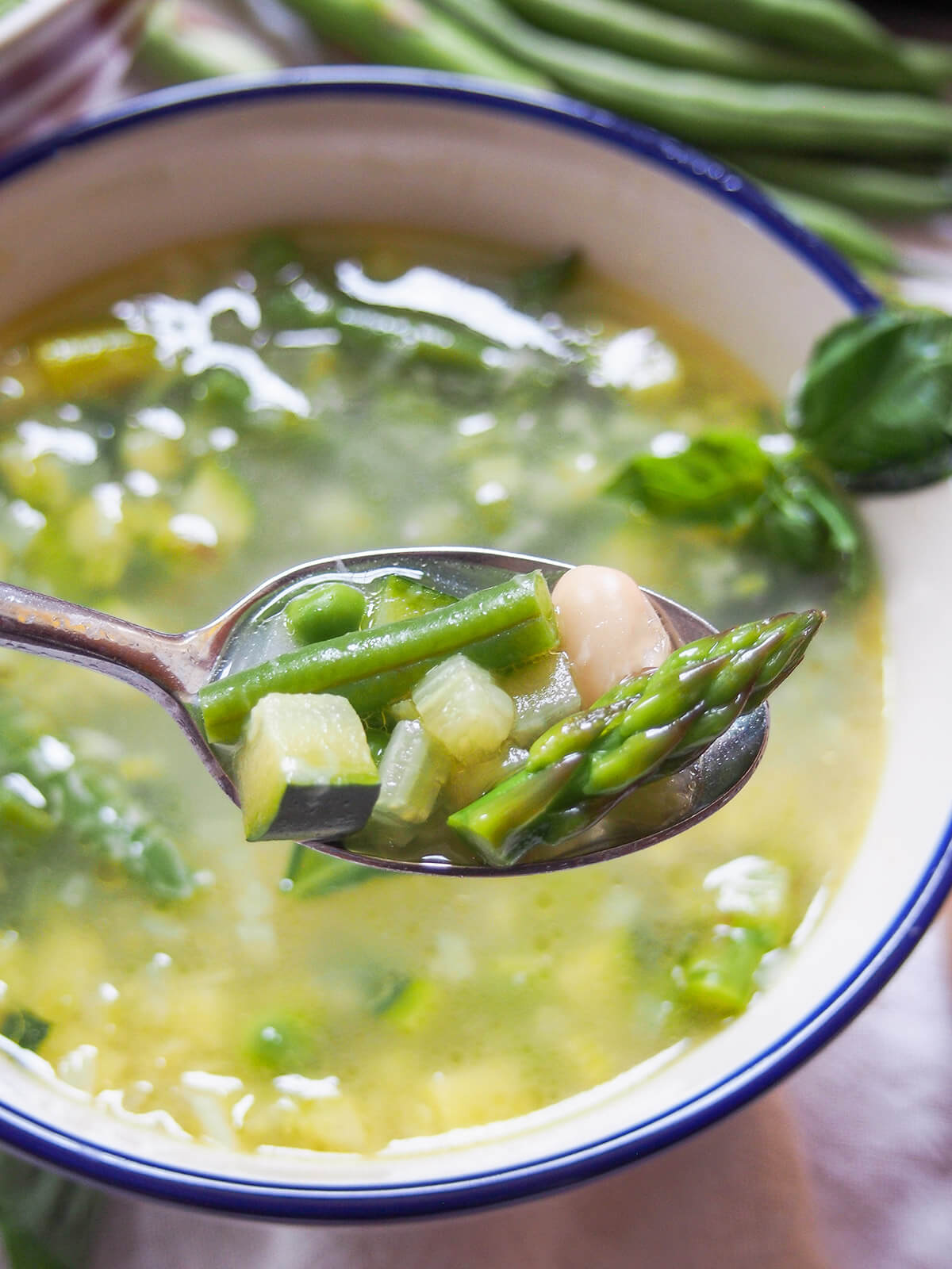 Minestrone primavera is a wonderful bowlful of spring flavors, with plenty green vegetables, white beans and a light stock base. Easy to make, adaptable & perfect on cooler spring days. spoonful of minestrone primavera held above bowl