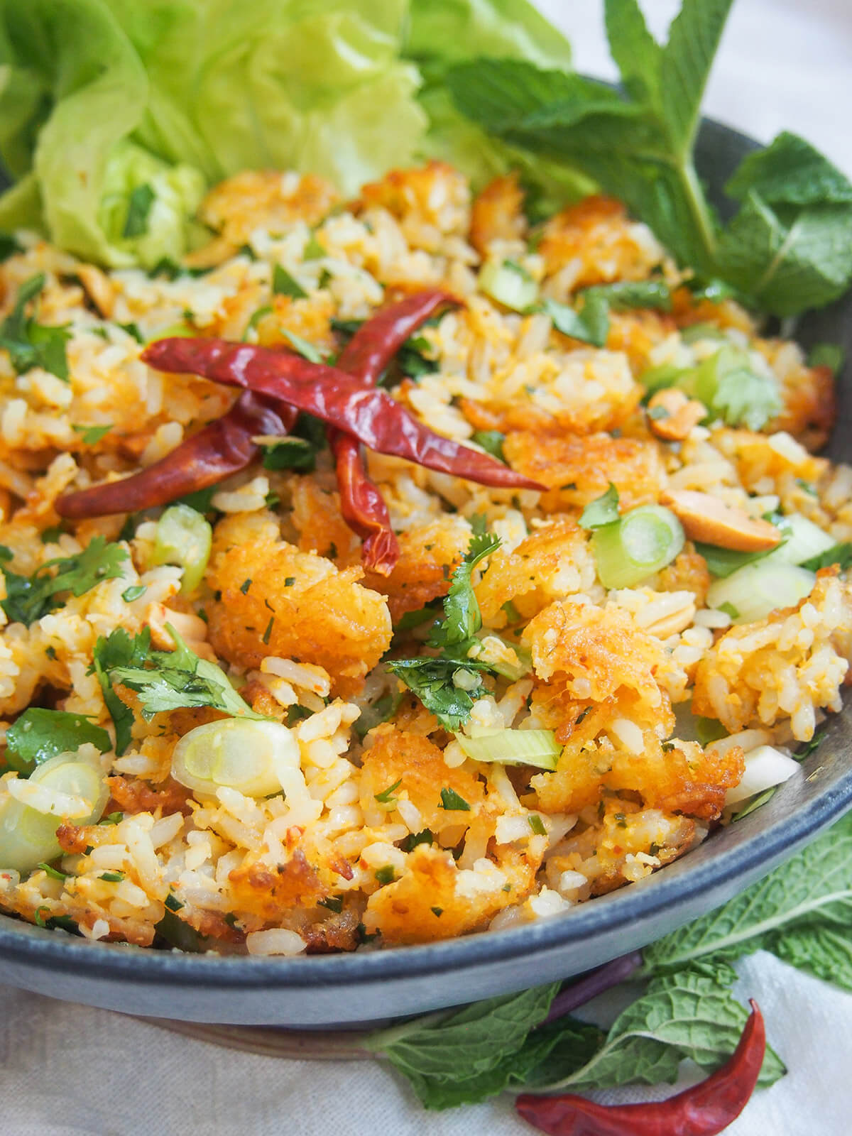 close view of side of bowl of nam khao Lao crispy rice salad