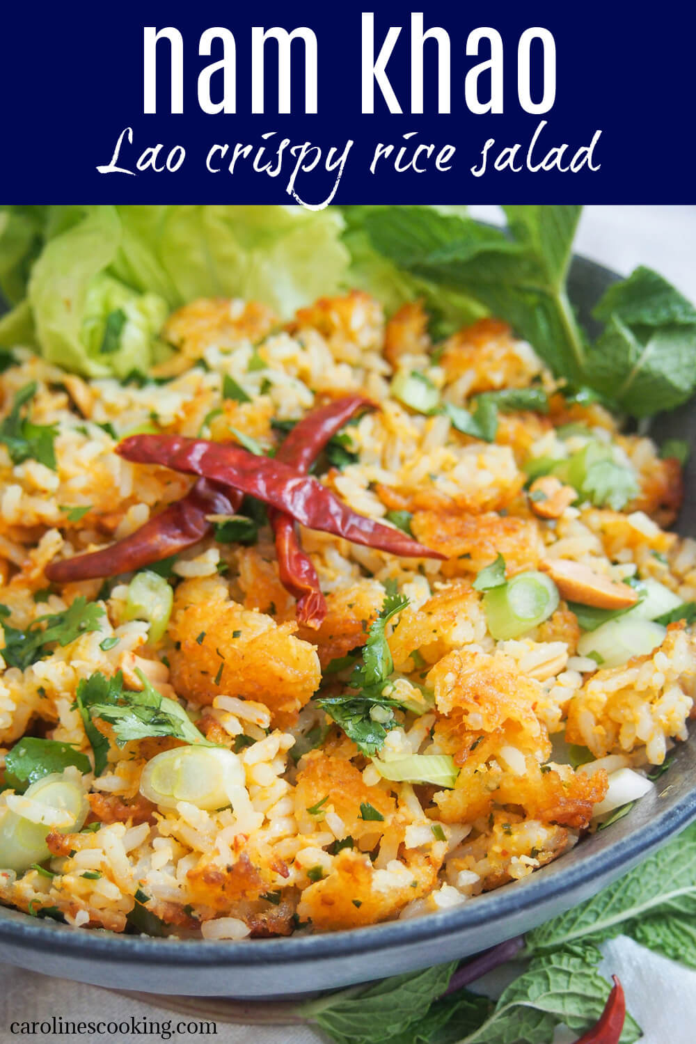 Nam khao is a delicious Lao salad made by frying balls of seasoned rice then breaking them up and mixing with herbs, peanuts and more. It's a wonderful mix of flavors (including a bit of spice and sour) and has great textures. Delicious as a light meal, especially in lettuce wraps.