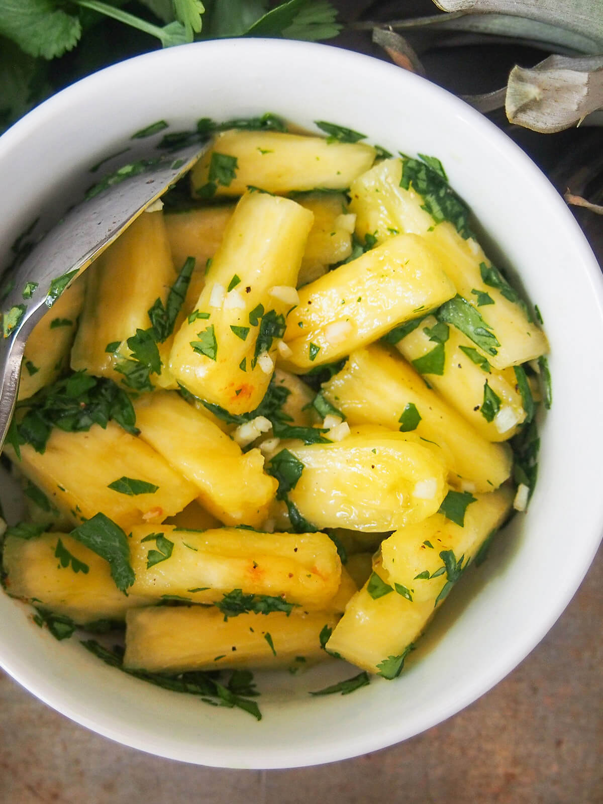 overhead view of bowl of pineapple chow