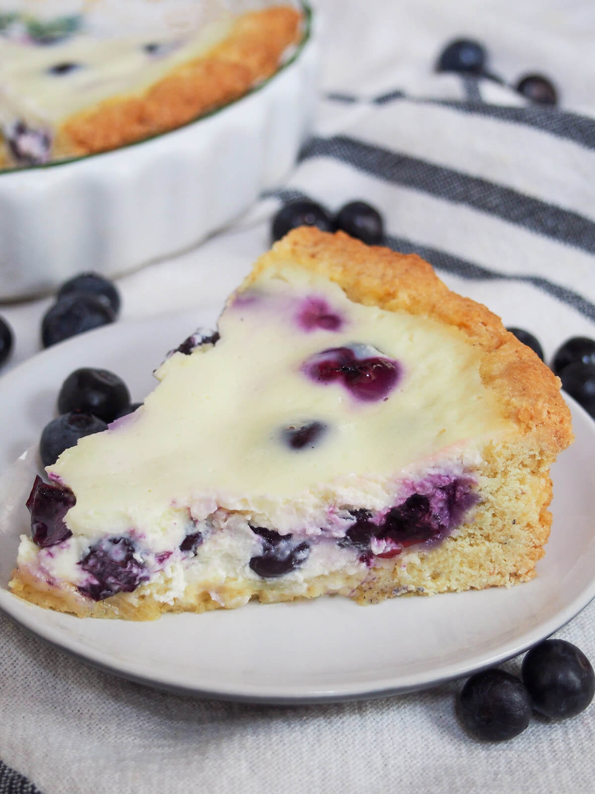 slice of Finnish blueberry pie, Mustikkapiirakka, on plate with blueberries around