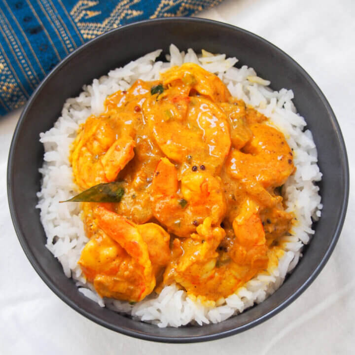 bowl of Malabar prawn curry shrimp from overhead