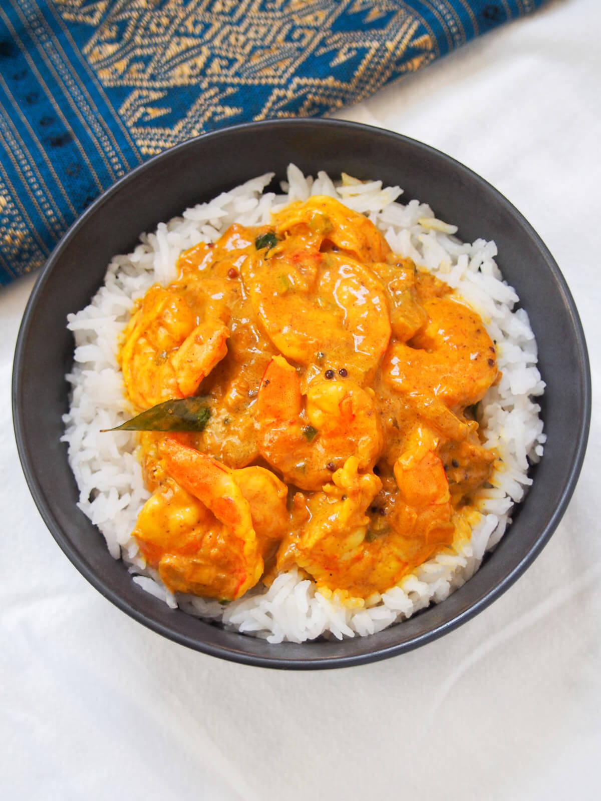 overhead view of bowl of Malabar prawn curry shrimp