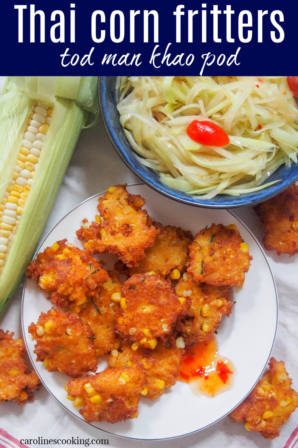 These Thai corn fritters (tod man khao pod) are addictively tasty little bites, packed with corn and flavored with bright lime leaves and red curry paste. They're easy to make, naturally gluten free and perfect for snacking on, or as part of an appetizer. 
