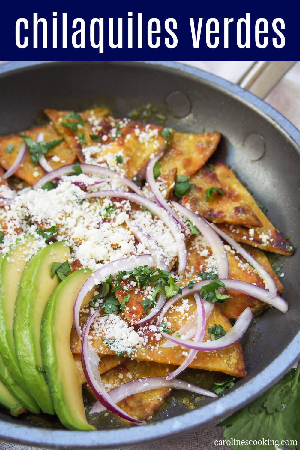 Chilaquiles verdes is a delicious combination of crisp tortilla chips coated in salsa verde, making a quick, comforting dish that's traditional for breakfast, but works well any time. You can keep it simple or dress it up with lots of toppings - easy and tasty either way.