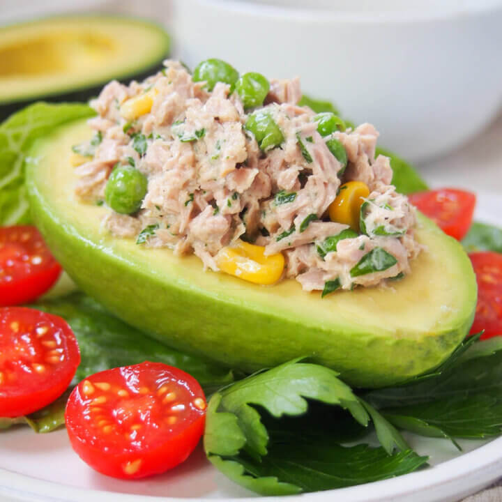 close up view of palta rellena, tuna stuffed avocado