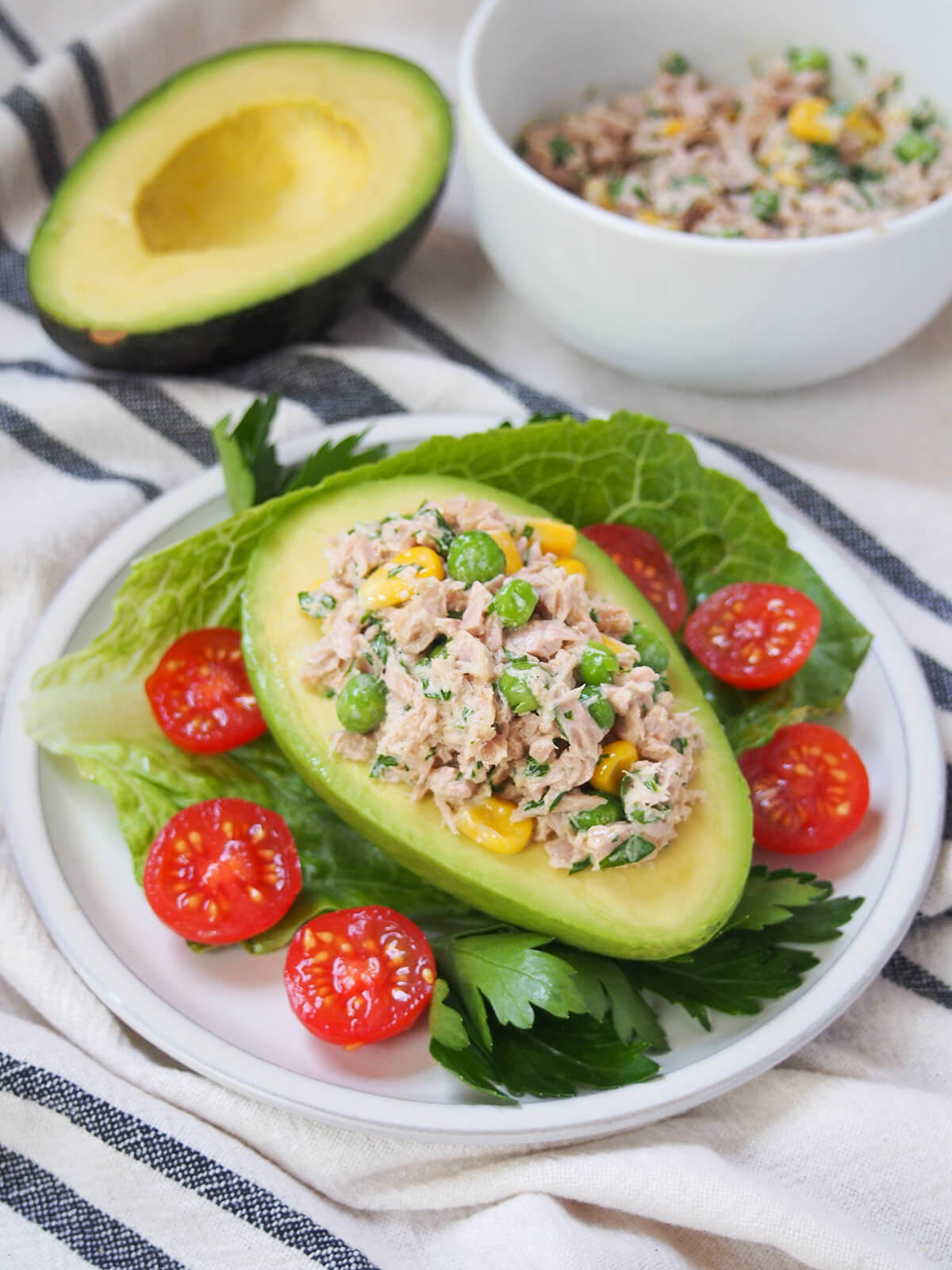 overhead view of palta rellena, tuna stuffed avocado with bowl of tuna mix behind