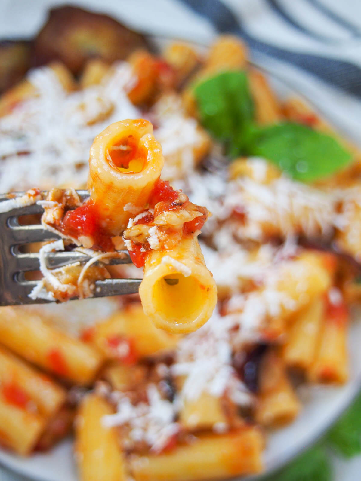 fork holding some pieces of pasta with sauce above plate