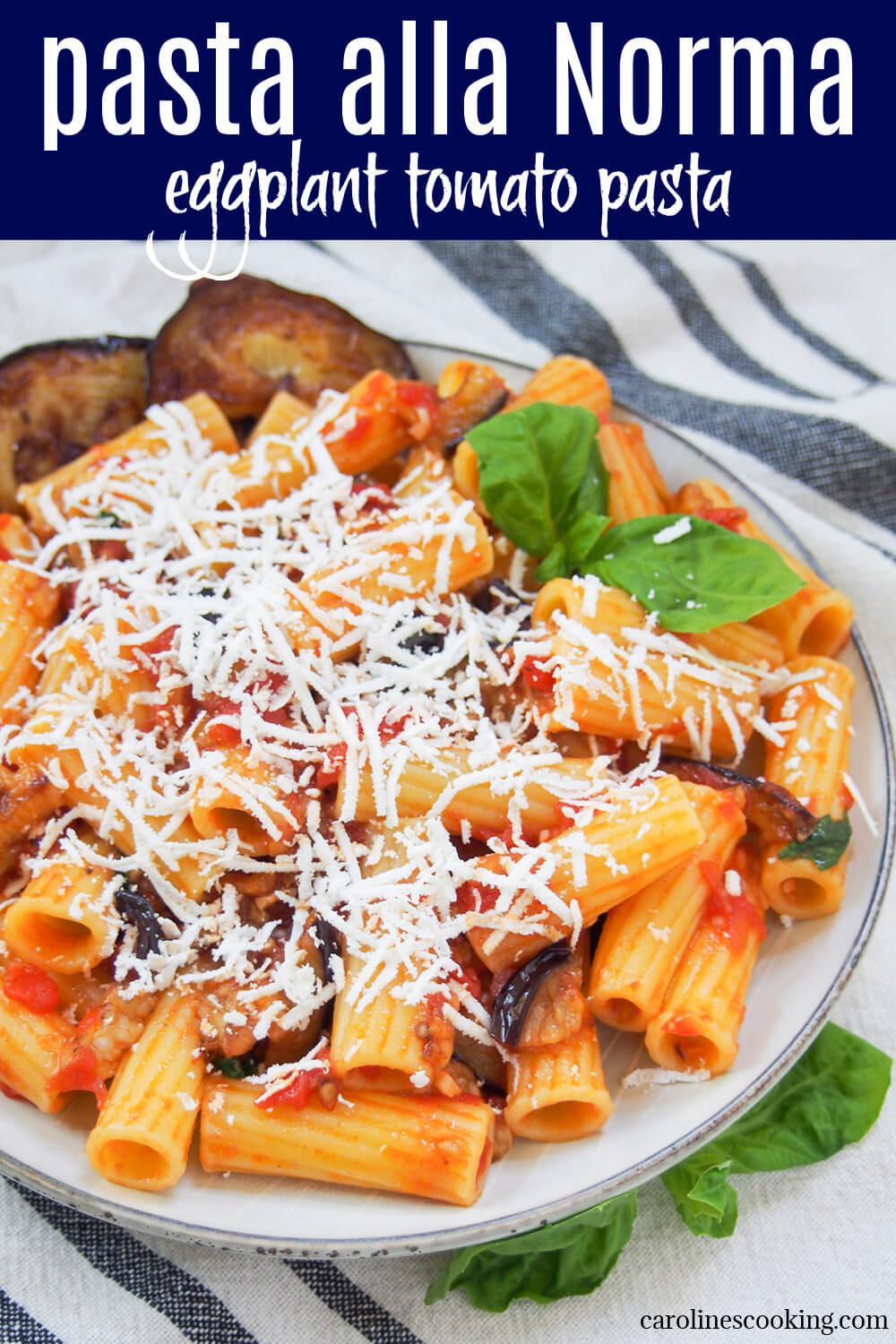 Pasta alla Norma is a simple and delicious combination of pasta wrapped in a luscious eggplant and tomato sauce, topped with ricotta salata. It's an easy and satisfying vegetarian meal that lets summer produce shine.