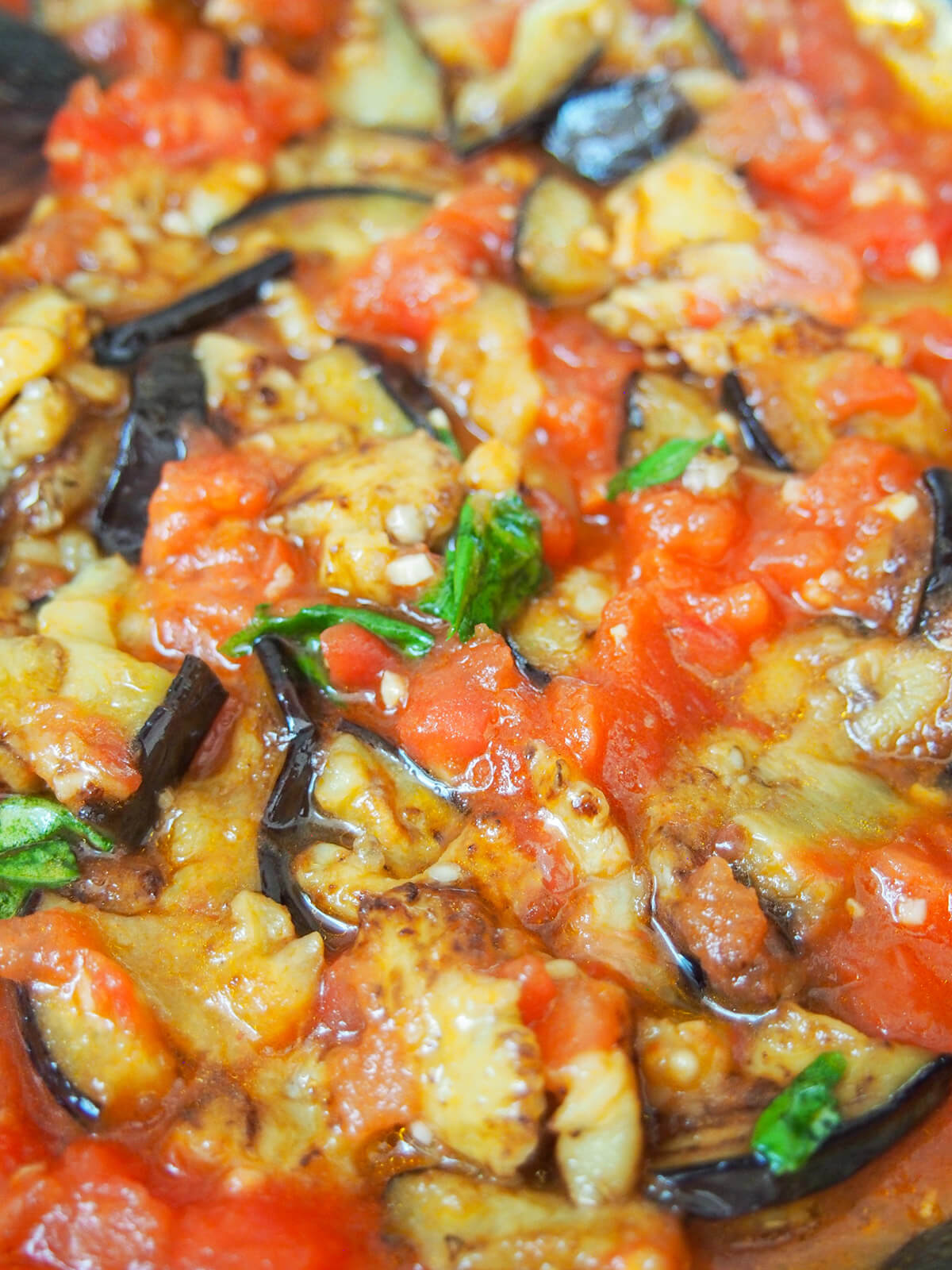 eggplant tomato sauce in pan