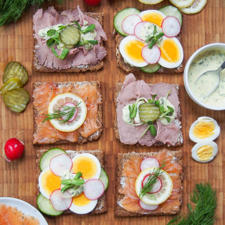overhead view of Danish open sandwiches smorrebrod