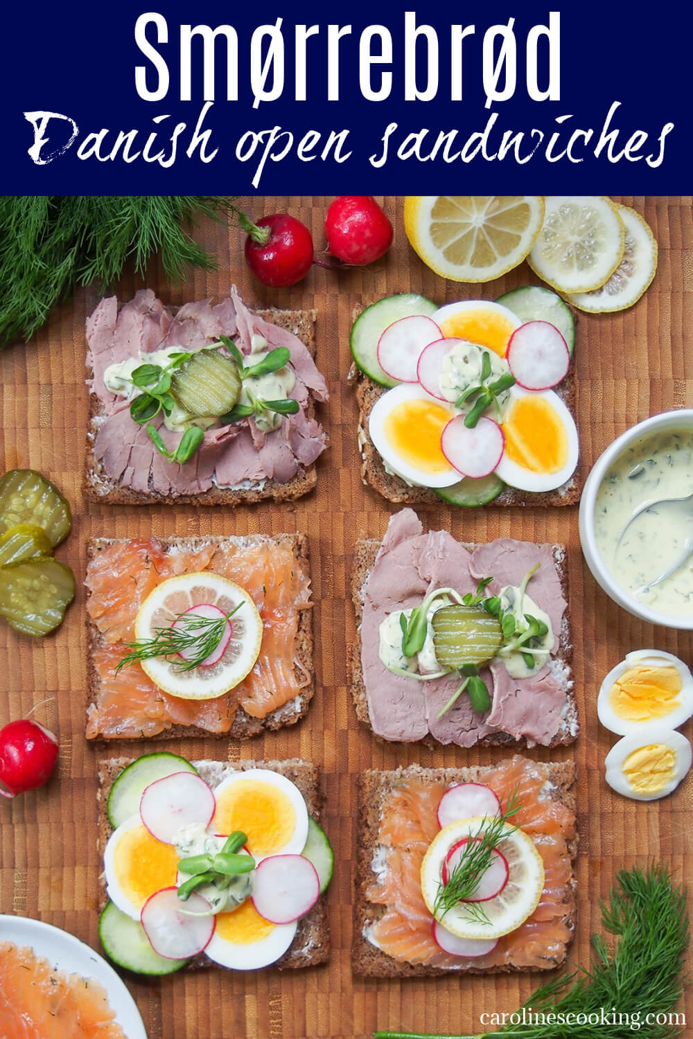 Smørrebrød, Danish open sandwiches, are a staple of Danish cuisine. Here are three classic, easy toppings of beef, smoked salmon & egg plus remoulade sauce to top. They're easy to make, great as a light lunch or serve as appetizers.