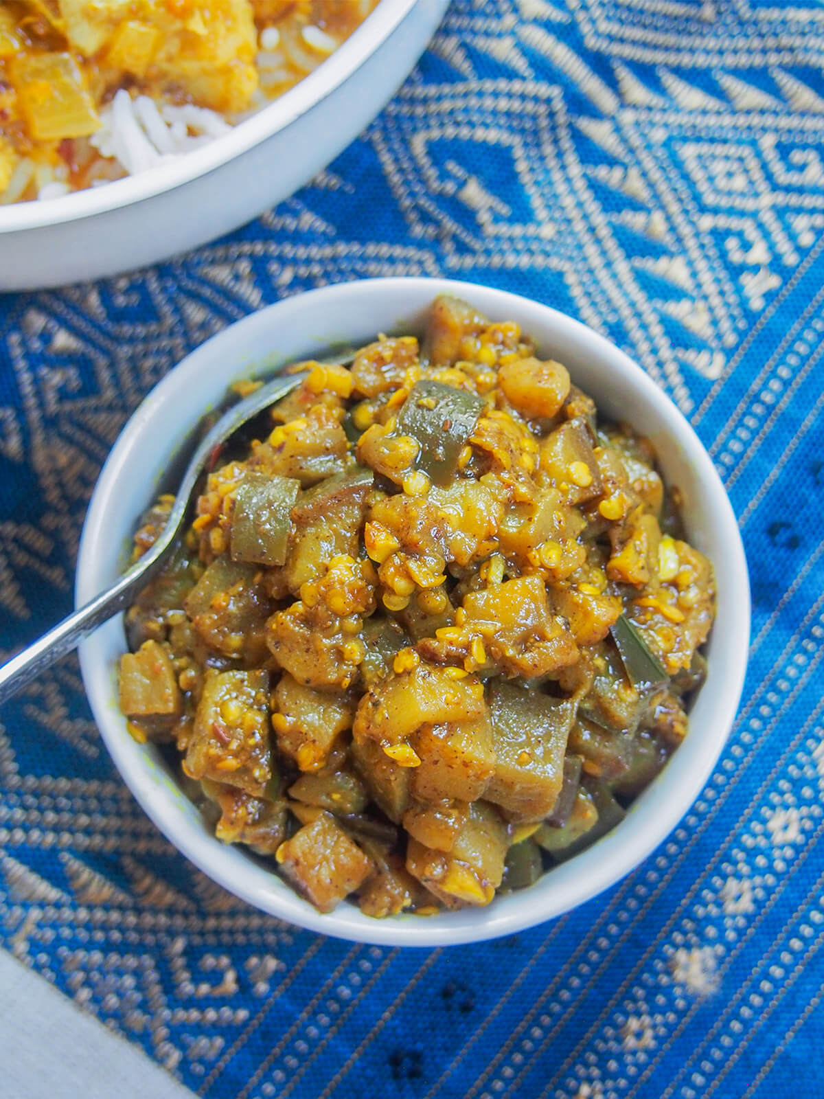 overhead view of bowl of brinjal pickle