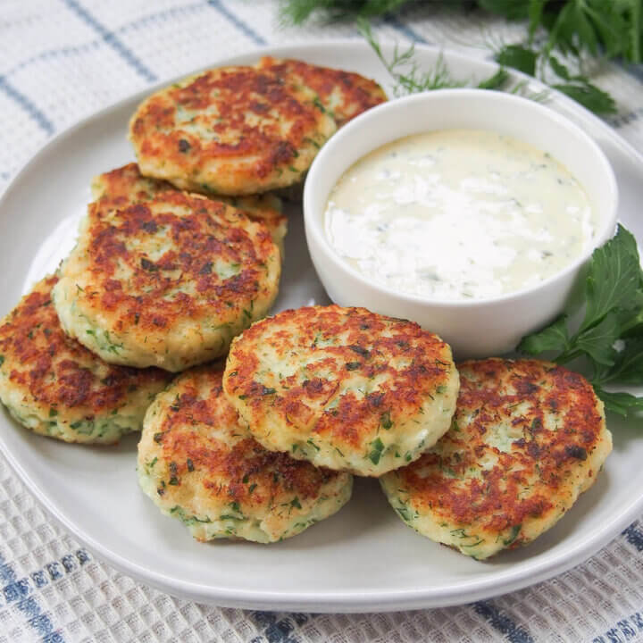 plate of fiskefrikadeller Danish fish cakes with remoulade to side
