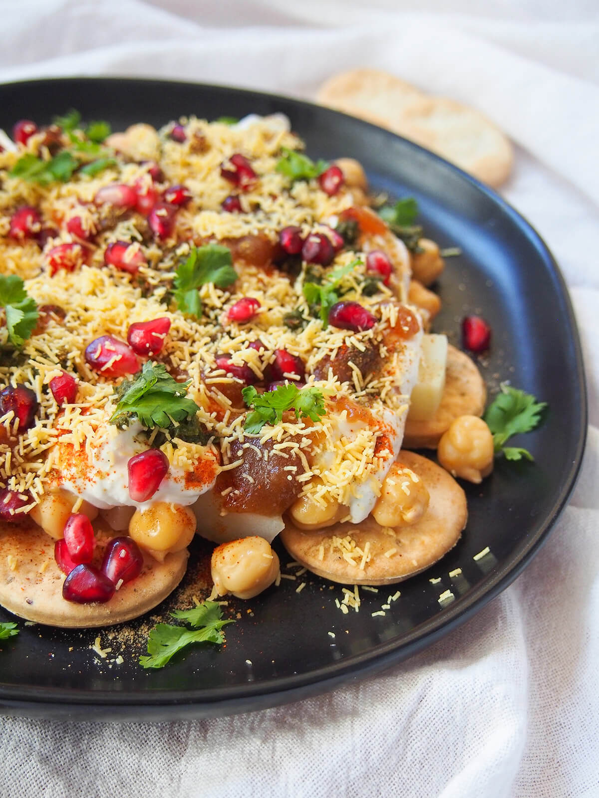 side view of plate of papdi chaat