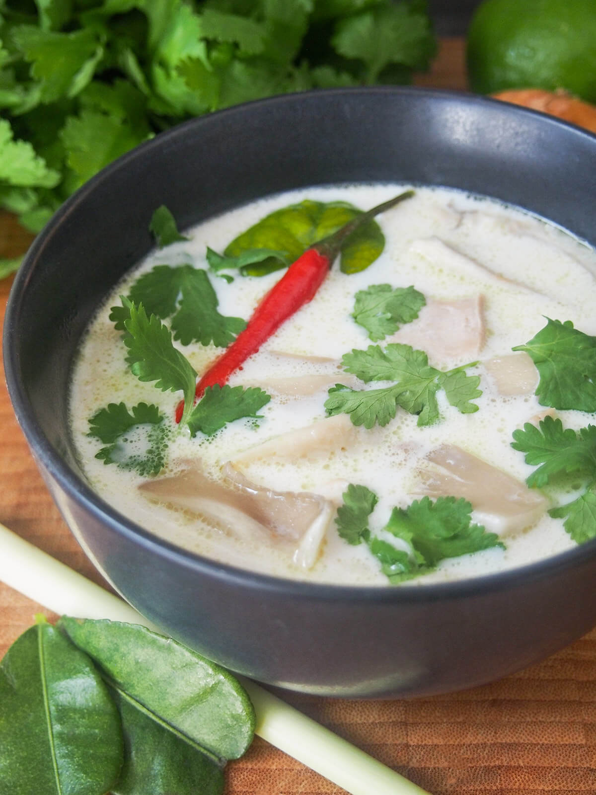 side view of bowl of tom kha gai Thai coconut soup