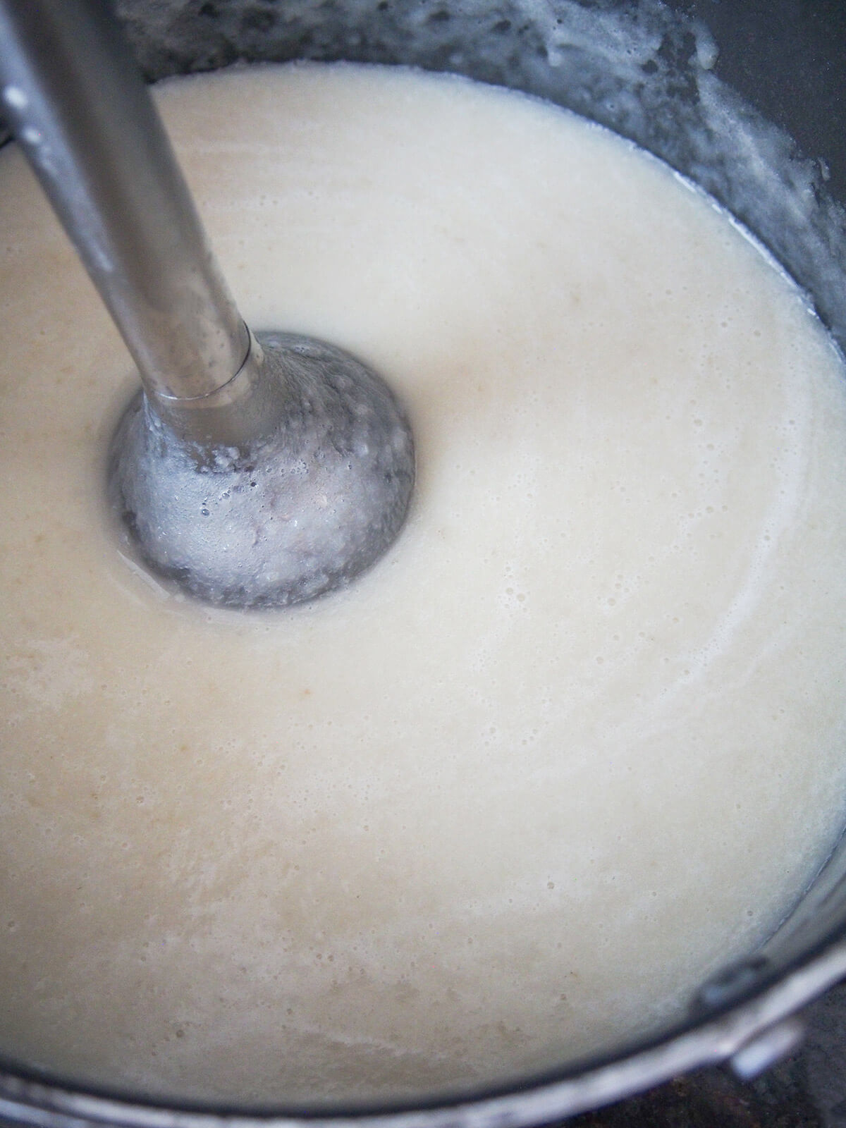 using hand blender to blend soup in pot
