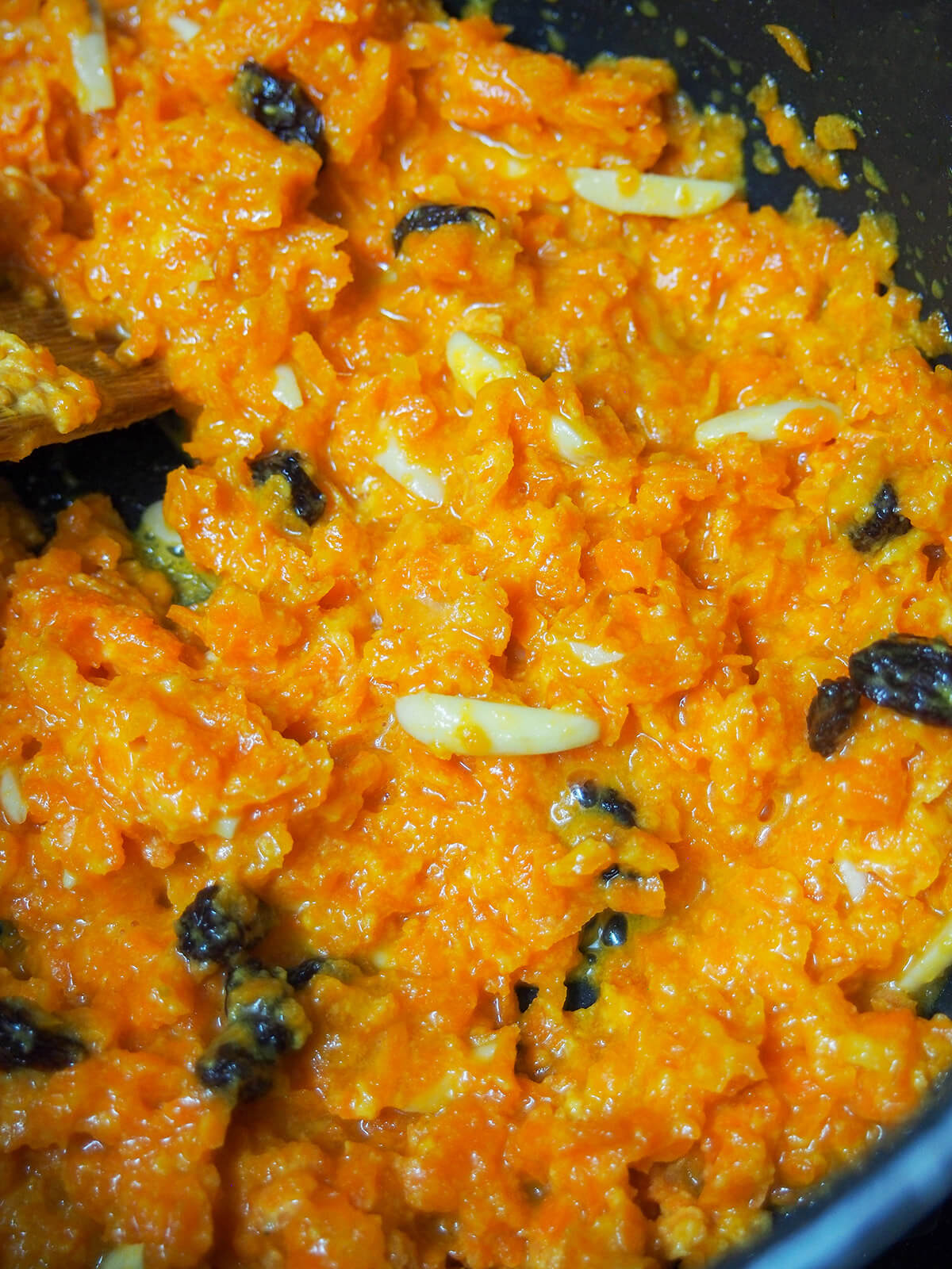 near end of cooking gajar halwa carrot pudding.
