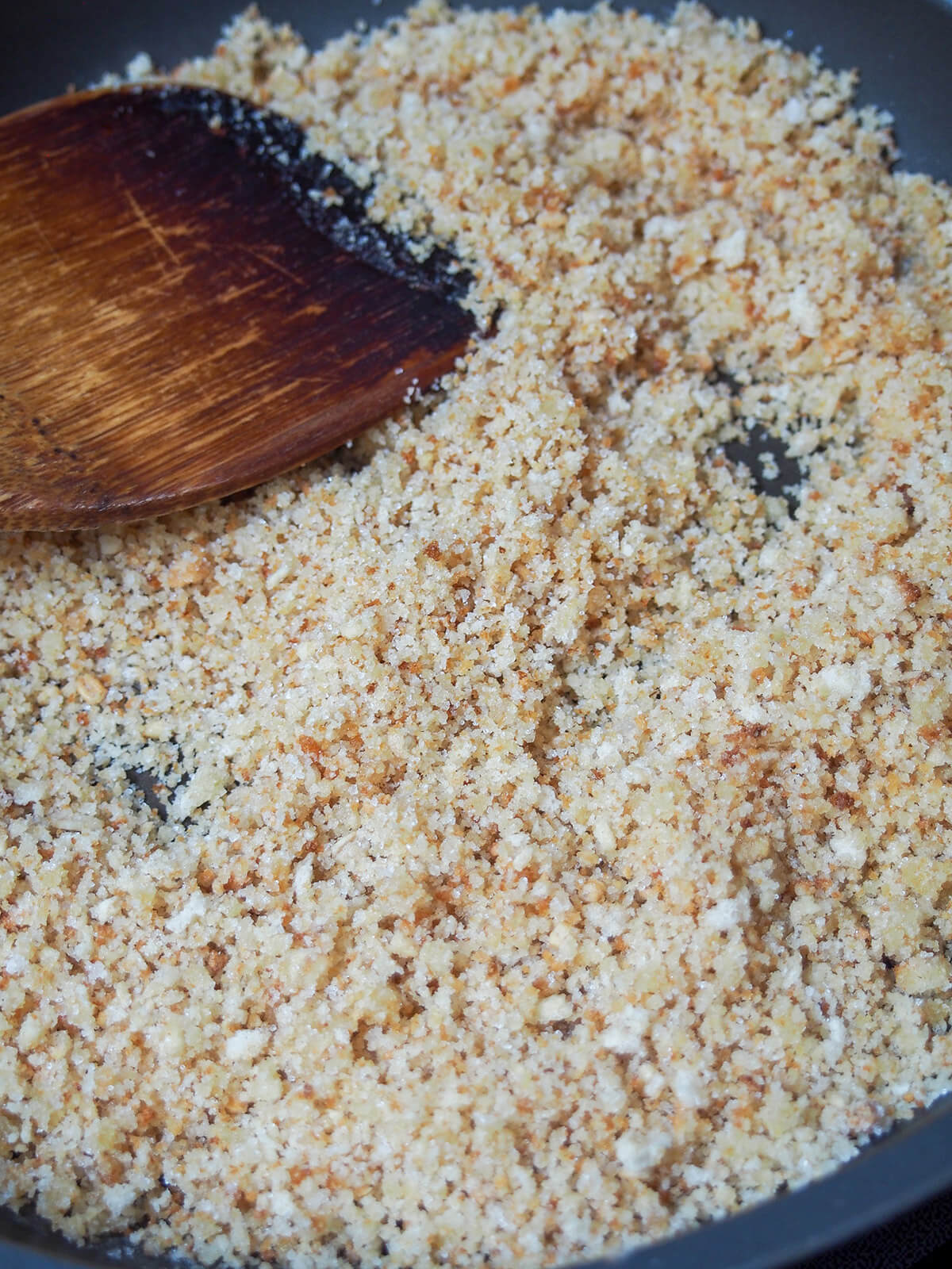 toasting sweetened breadcrumbs in skillet