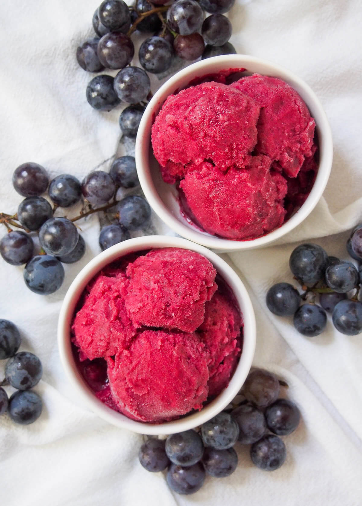 two small bowls of Concord grape sorbet from overhead.