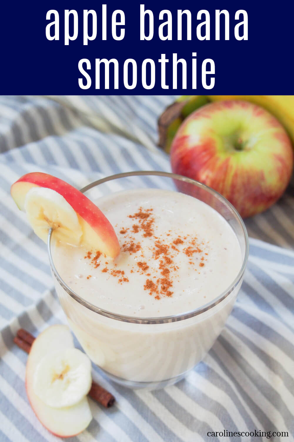 Trying to be healthier doesn't have to mean lots of work or tasteless options. This apple banana smoothie is thick, fruity, and really easy to make using common ingredients. It's almost like drinking apple pie! #smoothie #applebananasmoothie #healthyeating Trying to be healthier doesn't have to mean lots of work or tasteless options. This apple banana smoothie is thick, fruity, and really easy to make using common ingredients. It's almost like drinking apple pie!