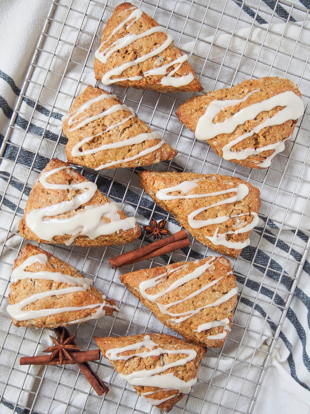 overhead view of gingerbread scones on rack at an angle.