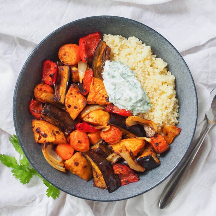 bowl of harissa roasted vegetables.