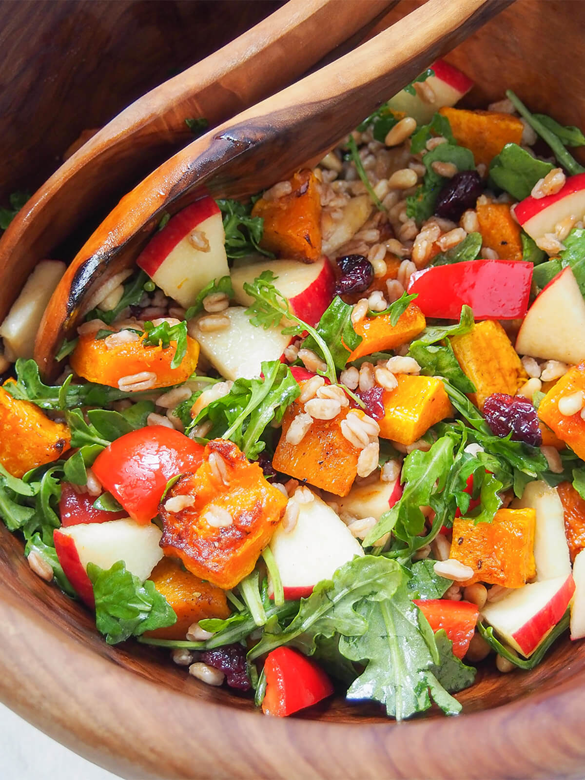 close up view of butternut squash farro salad