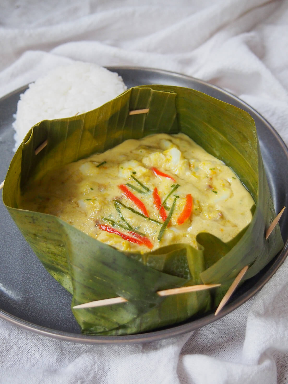 banana leaf boat with fish amok (amok trey).