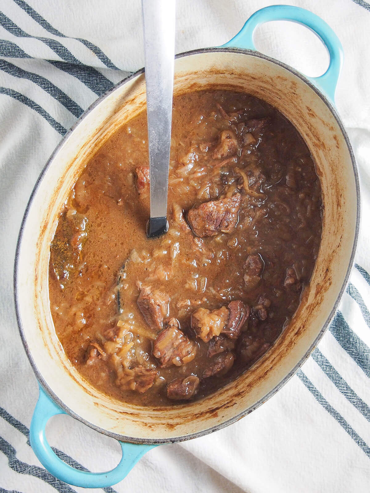 pot of cooked hachee Dutch beef stew from overhead.