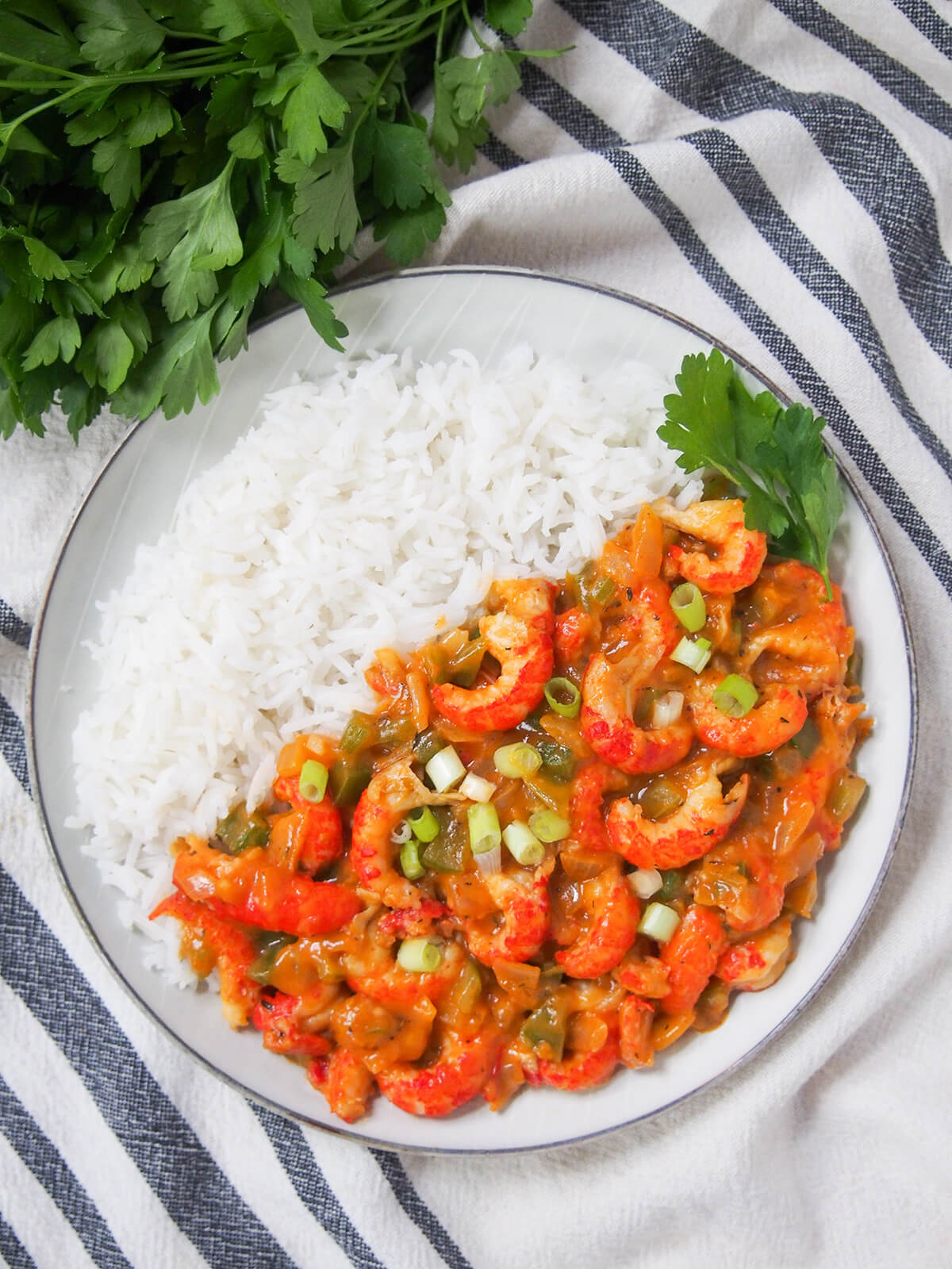 overhead view of plate of crawfish etouffee with rice at top of plate and parsley bunch to left.