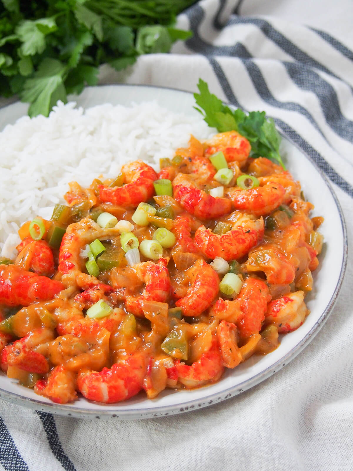closer side view of crawfish etouffee on plate with some rice and parsley behind.