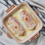 dish of endives au jambon (Belgian endive gratin) viewed from overhead.