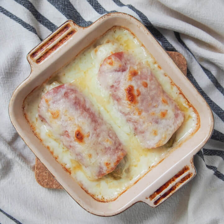 dish of endives au jambon (Belgian endive gratin) viewed from overhead.