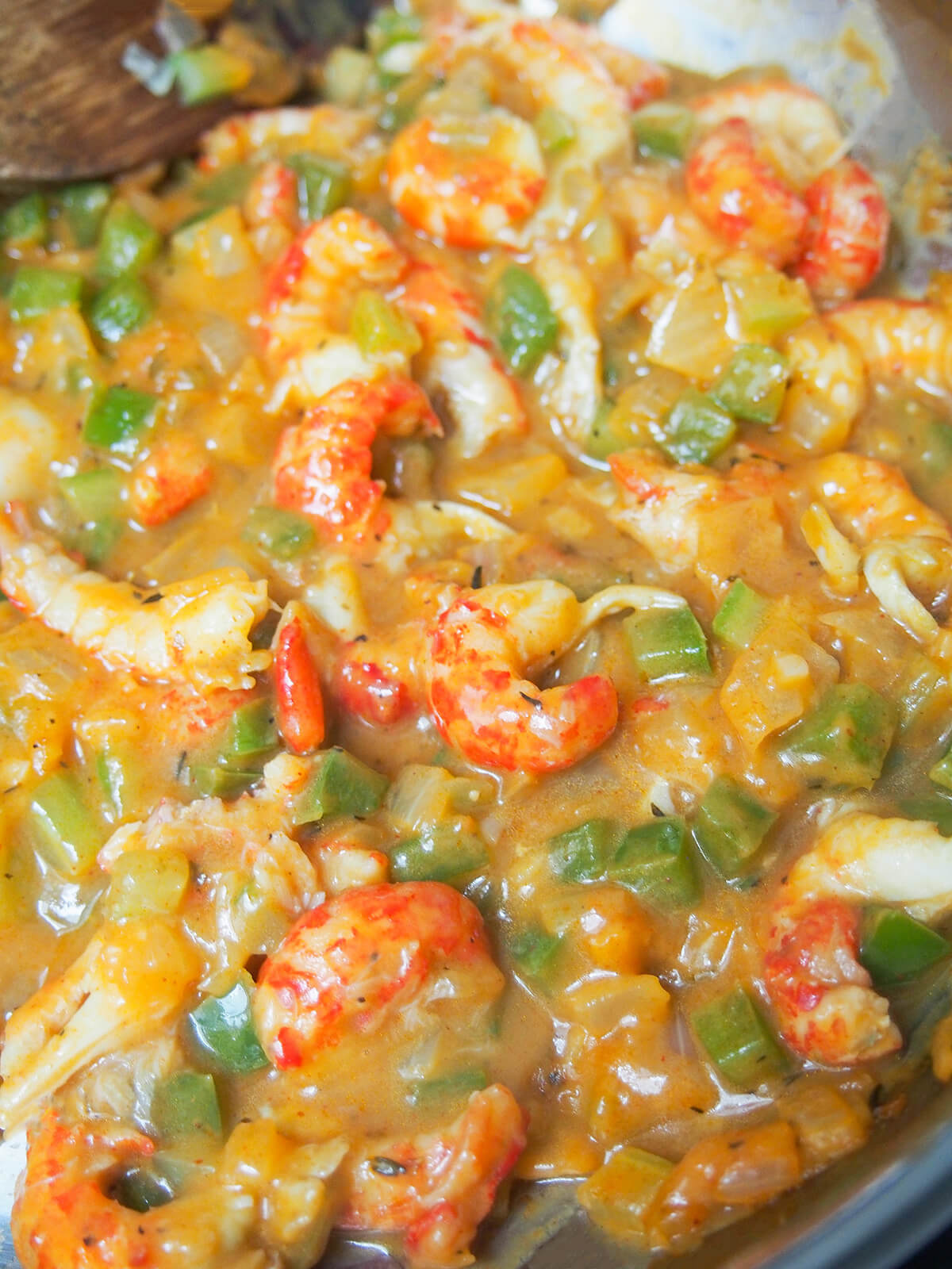 crawfish etouffee mixture in pan.