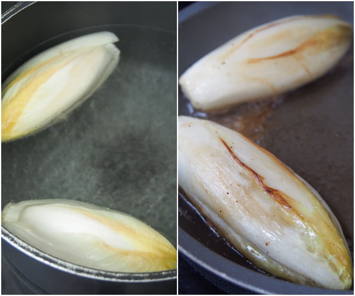 Belgian endives simmering on left, being sauteed in a little butter on right.