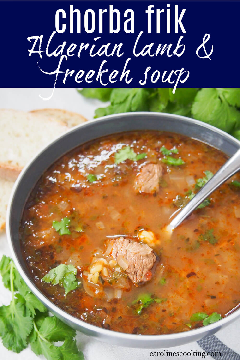 Chorba frik is a wonderfully comforting Algerian soup, with a tomato base, frik/freekeh, meat & chickpeas. With warm spices and cilantro, it's packed with flavor, light yet filling and incredibly tasty. Easy to make, too.