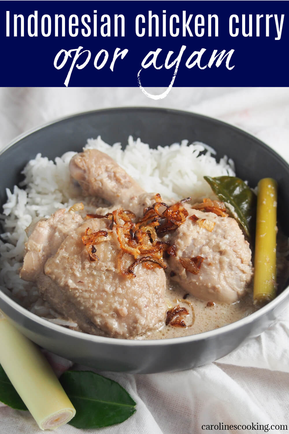 Opor ayam is a creamy, aromatic Indonesian chicken dish that's so easy to enjoy. It's kind of a stew or curry, with plenty coconut-based sauce, infused with lemongrass, ginger and garlic, that you'll want to soak up with some rice. Wonderfully comforting and great for any night.