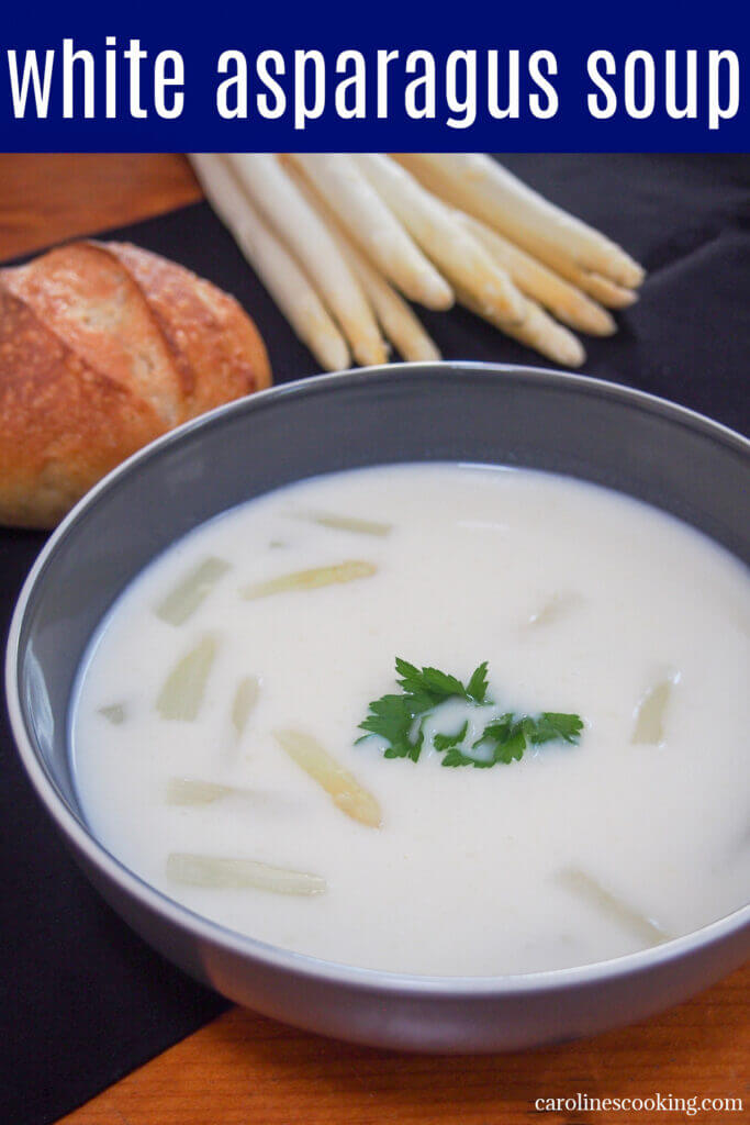 White asparagus soup is a creamy, delicately flavored soup that you'll find all over Germany during white asparagus season. It is easy to make and a delicious taste of spring. 