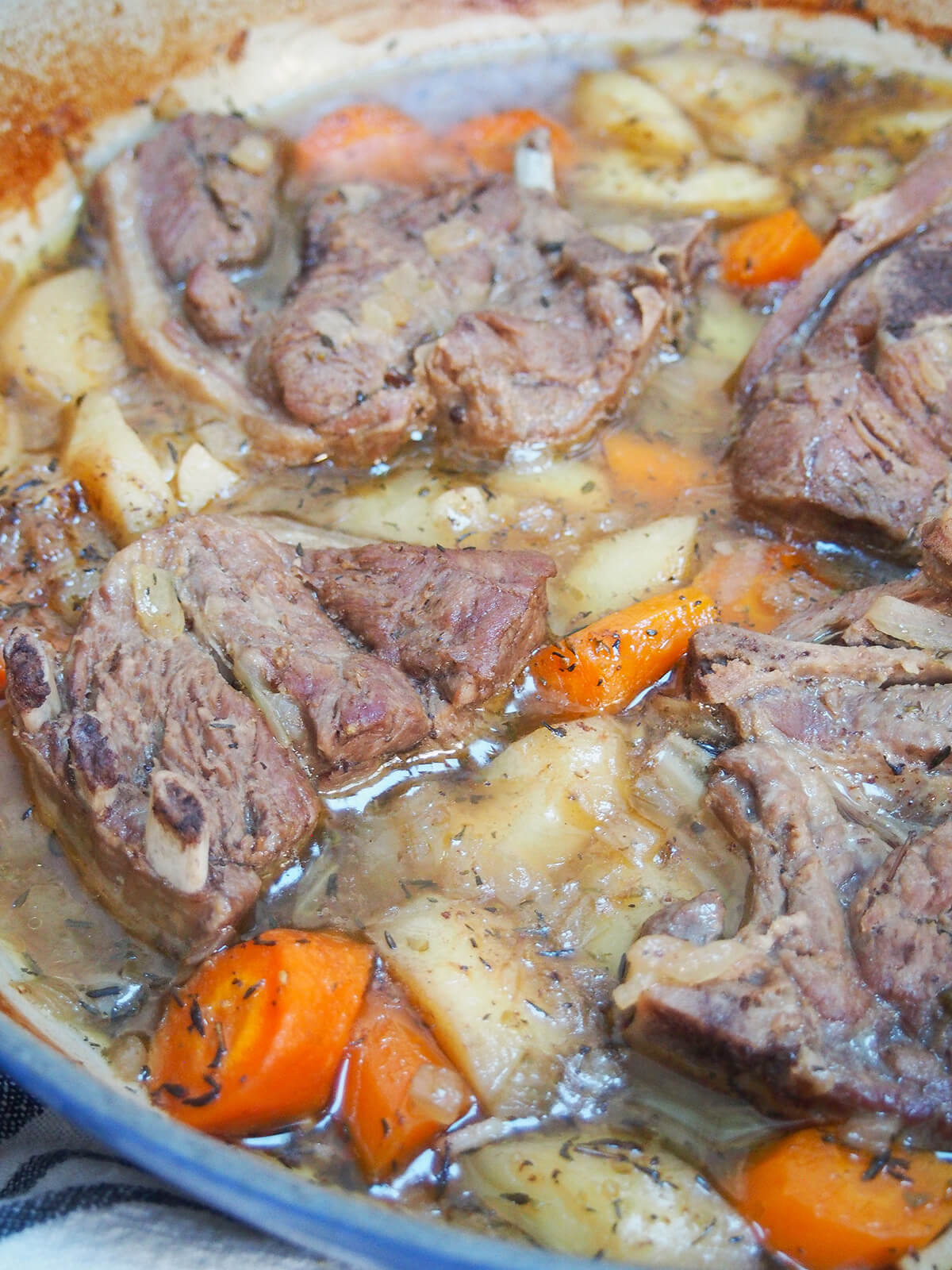 close up side view of braised lamb shoulder chops and vegetables.