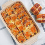 hot cross bun bread and butter pudding in dish from overhead.
