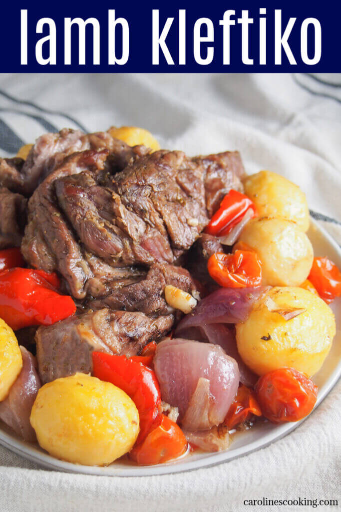 Lamb kleftiko is a wonderfully tasty Greek slow roasted lamb dish. The lamb becomes so tender and the vegetables cooked in with the meat to take on the delicious flavors, too. You need a little patience, but not much effort. And it's well worth the wait.