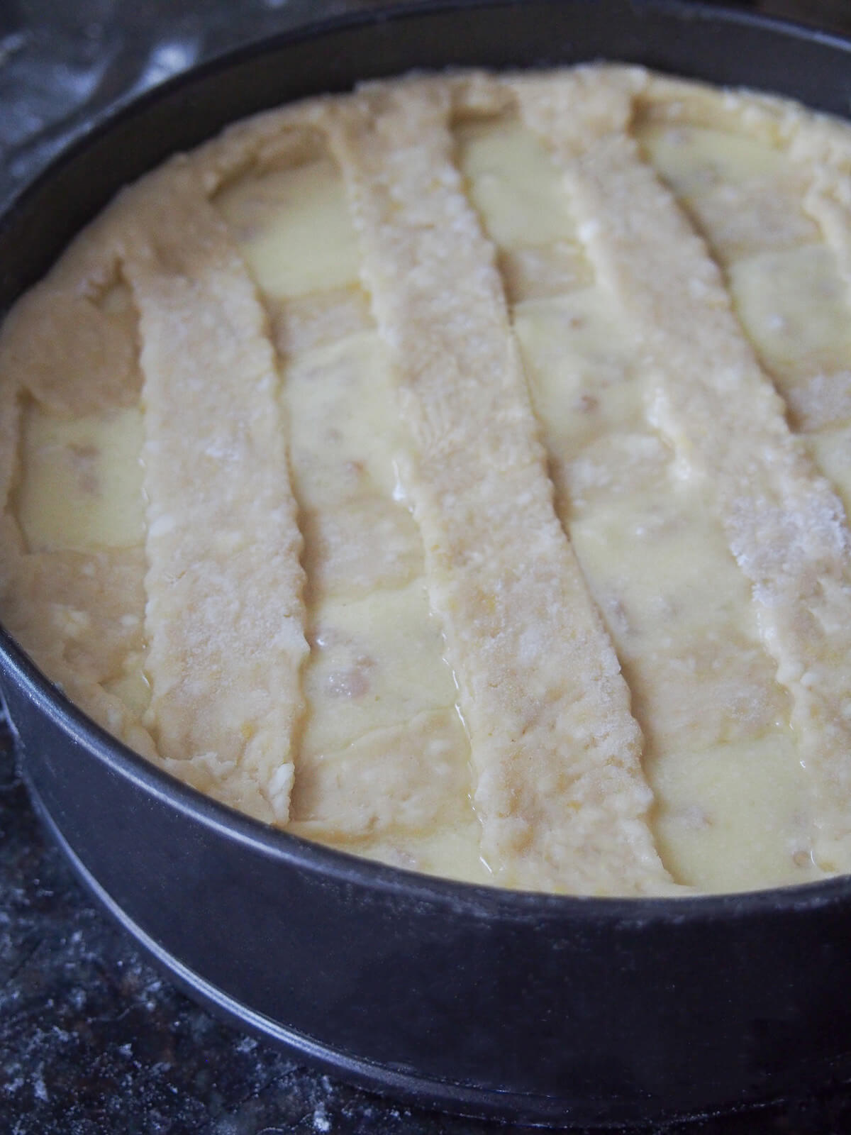 pastiera napoletana before baking pastiera in springform pan before being baked.