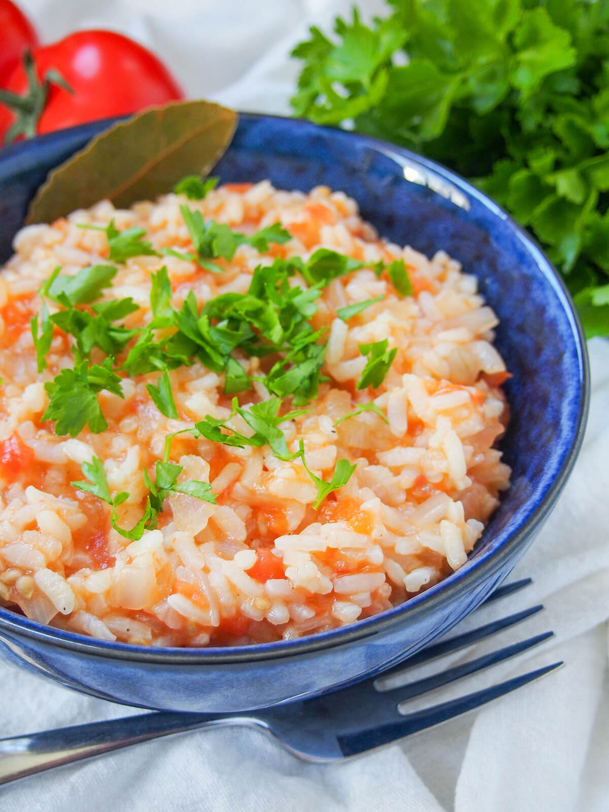 side view of Portuguese tomato rice with fork below bowl.