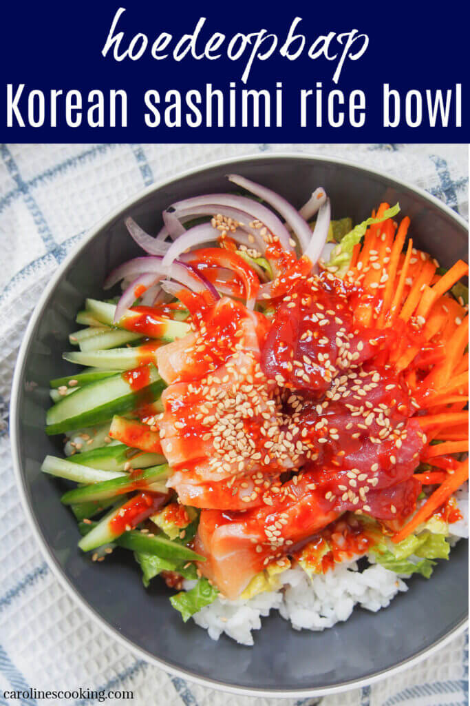 This Korean sashimi rice bowl is so easy to put together and is a delicious combination of tender sashimi, crunchy salad, rice & a sweet-spicy sauce. It makes a great, easy meal whether for dinner or lunch.