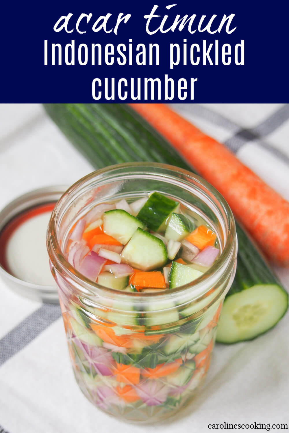 Acar timun are Indonesian pickled cucumbers, and other vegetables that are easy to make, with a great sweet-sharp flavor. Crunchy, flavorful and versatile in how you use them, too, though especially good with satay, fried foods and nasi goreng (Indonesian fried rice). Acar timun are Indonesian pickled cucumbers, and other vegetables that are easy to make, with a great sweet-sharp flavor. Crunchy, flavorful and versatile in how you use them, too, though especially good with satay, fried foods and nasi goreng (Indonesian fried rice).