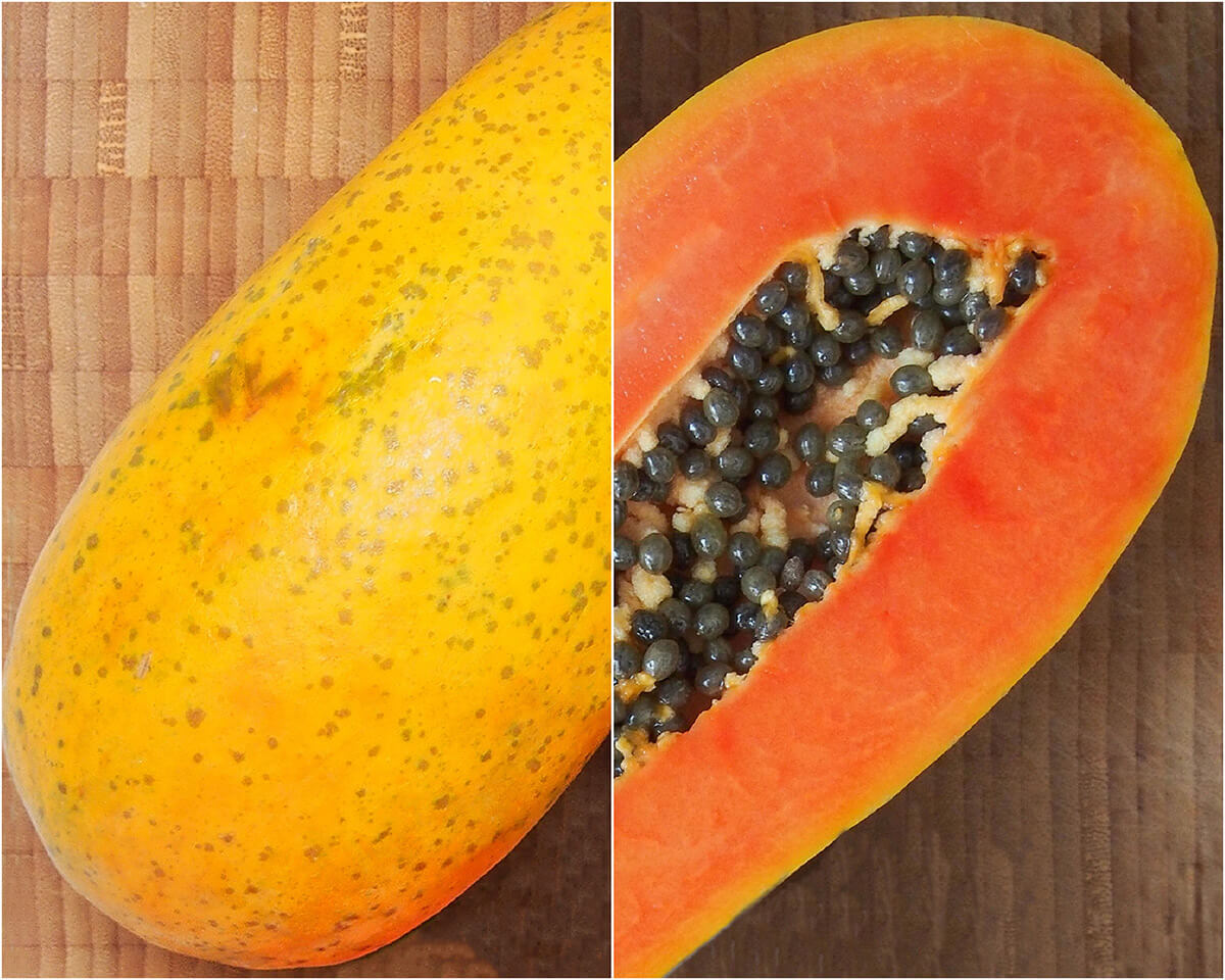 collage showing outside of papaya and inside flesh.