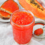 close view of jar of papaya jam.