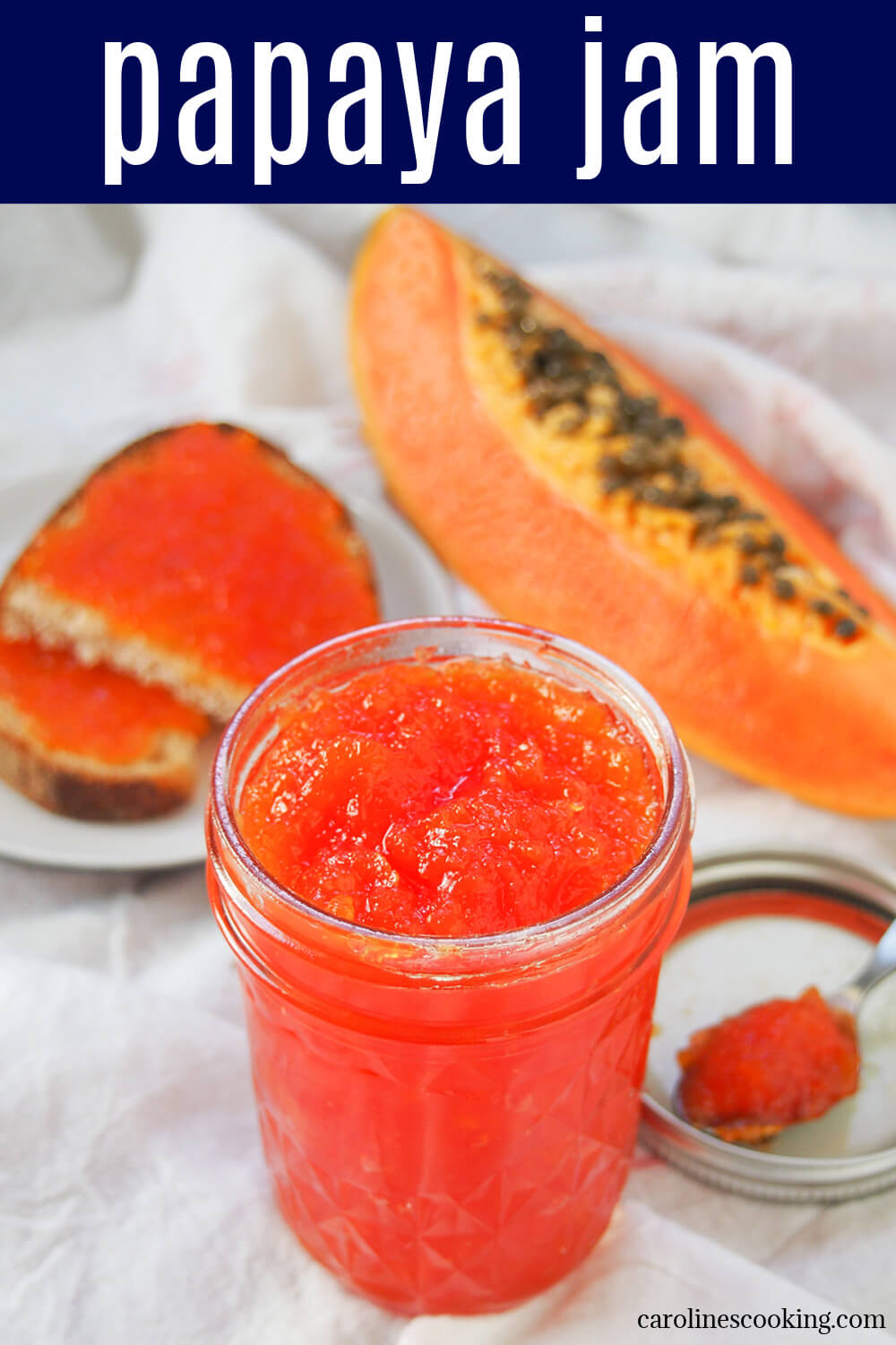 This papaya jam is easy to make, with a lovely tropical fruit flavor. It's gently aromatic and great both as a sweet spread and paired with cheese. This papaya jam is easy to make, with a lovely tropical fruit flavor. It's gently aromatic and great both as a sweet spread and paired with cheese.